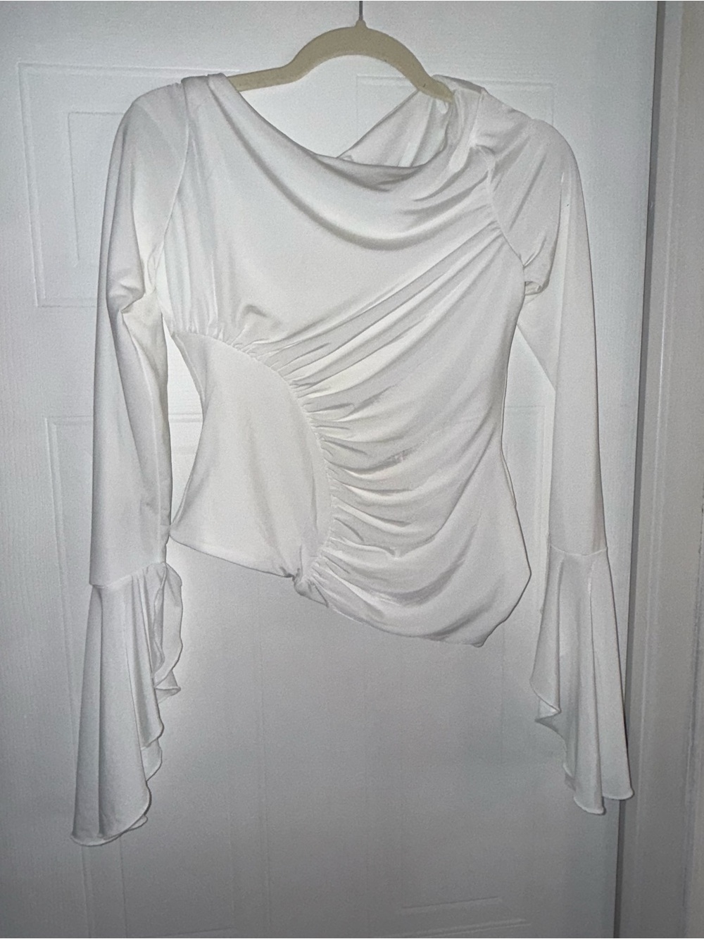 Meshki White Asymmetric Ruched Long-Sleeve Top